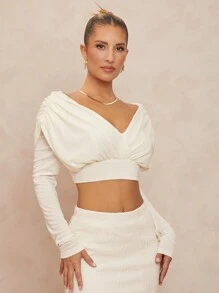 Lumalex 肩垫交叉褶皱长袖女式 T 恤，简约时尚休闲日常穿着 - 白色 - 查看 6