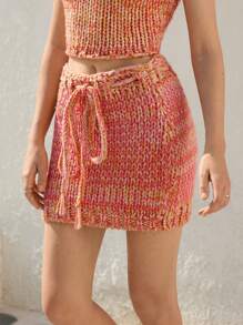 Skyraze Women Simple Front Tie Waist Skirt, Casual Daily Wear,Hand-Crocheted - Orange - View 5