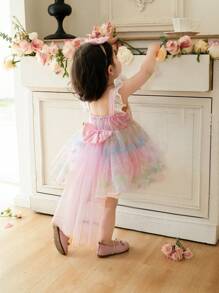 SHEIN Baby Girls Pink Summer Cute Birthday Partywear,3D Butterfly Netting Flutter Sleeve Mesh Dress With Bowknot Decoration & Matching Bow Hairband - Pink - View 3