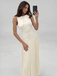 Aloruh 女士优雅纯色花卉刺绣连衣裙 - 杏色 - 查看 7