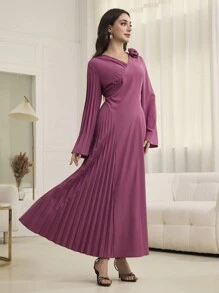 Modelyn Women's V-Neck Pleated Patchwork A-Line Dress, Elegant Style Suitable For Spring & Summer