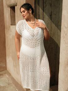SHEIN Swim Curve Plus Size Vrouwen Witte Lange Mouw Uitgeholde Gebreide Zomer Strand Vakantie Cover Up Jurk