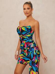 Lumalex Vestido mini de mujer con un solo hombro, tirantes anudados, manga abullonada asimétrica y recto