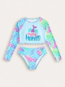 SHEIN Tween Girls' New Fashionable Fish Scale Print Bikini Swimwear Set - Multicolor - View 1