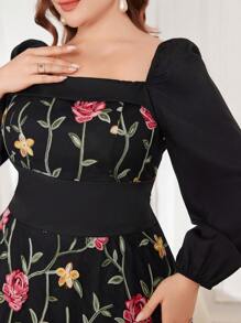 Modelyn Plus Size Long Embroidered Romantic Elegant A-Line Holiday Dress - Black - View 6