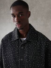 SUMWON Sparkle Denim Button-Down Shirt Short Sleeve Polka Dot Pattern Cropped Jacket Streetwear Casual Festival Summer Spring Fashion - Black - View 4