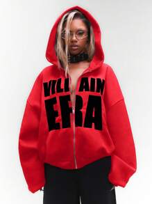SUMWON WOMEN Halloween Villain Era Gothic Full-Zip Hoodie Urban Streetwear Statement Piece Bold Text Avant-Garde Fashion Alternative Style Edgy Athleisure Fall Winter Unisex Sweatshirt - Red - View 1