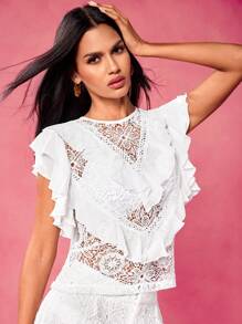 VERO DIAZ Blusa elegante con volantes de encaje y gasa blanca en estilo bohemio y de diseñador para primavera y verano, ideal para vacaciones, crucero, salir, festival, Ibiza