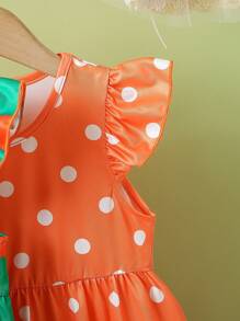 SHEIN Young Girl Orange Polka Dot And Orange-Green Striped Cap Sleeve Dress - Orange - View 4