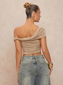 Lumalex 1 件女式不对称扭纹垂坠修身衬衫 - 卡其色 - 查看 4