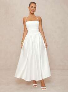 Lumalex 女式低胸挂脖缎面拼布褶皱腰超长 A 字形连衣裙 - 白色 - 查看 4