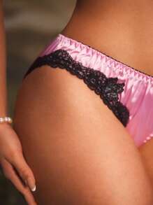 Women's Retro Palace Satin Lace Patchwork Triangle Panties - Pink - View 6