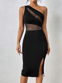 SHEIN Privé Damen elegantes schwarzes Kristall transparentes Mesh-Einsatz hochgeschlossenes langärmliges figurbetont geschnittenes Partykleid, geeignet für Abschlussball, Abendkleid - Schwarz - Übersicht 3