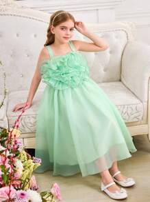 SHEIN Tween 女童优雅叠层荷叶边撞色边无袖连衣裙 - 綠色 - 查看 5