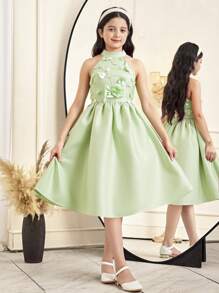 SHEIN Váy midi đính hoa cổ bẻ không tay thanh lịch cho bé gái tuổi teen - Màu xanh Bạc hà - Xem 2