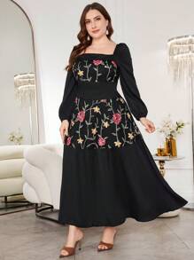 Modelyn Plus Size Long Embroidered Romantic Elegant A-Line Holiday Dress - Black - View 3