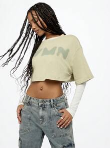 SUMWON WOMEN 图案双层短款 T 恤，长袖分层休闲家居服运动休闲超大街头风格 - 彩色 - 查看 5