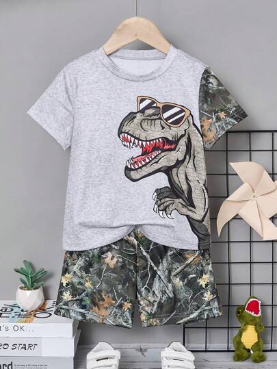 SHEIN 2pcs Young Boy Short Sleeve Dinosaur Print Top And Camouflage Shorts Set, School, Campus, College