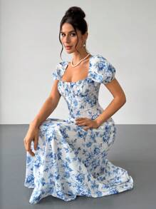 Firerie Women's White Floral Square Collar Puff Sleeve Front Tie Dress,Elegant Romantic Summer Bohemian For Garden Party Vacation,Wedding,Gala - Blue and White - View 4