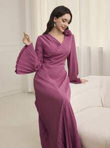 Modelyn Women's V-Neck Pleated Patchwork A-Line Dress, Elegant Style Suitable For Spring & Summer