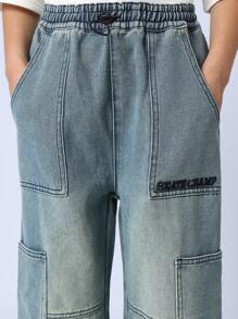 SUMWON Skateboard Champion Cargo Denim Jeans Wide Leg Relaxed Fit Streetwear Baggy Pants With Multiple Pockets Teen Urban Fashion Pants Fall Winter - Blue - View 6