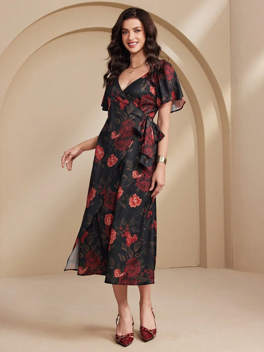 SHEIN Unity Women's Elegant Print Tie Front Casual Dress, Simple Fashion Everyday Wear - Black - View 1