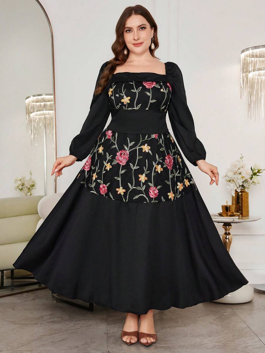 Modelyn Plus Size Long Embroidered Romantic Elegant A-Line Holiday Dress - Black - View 1