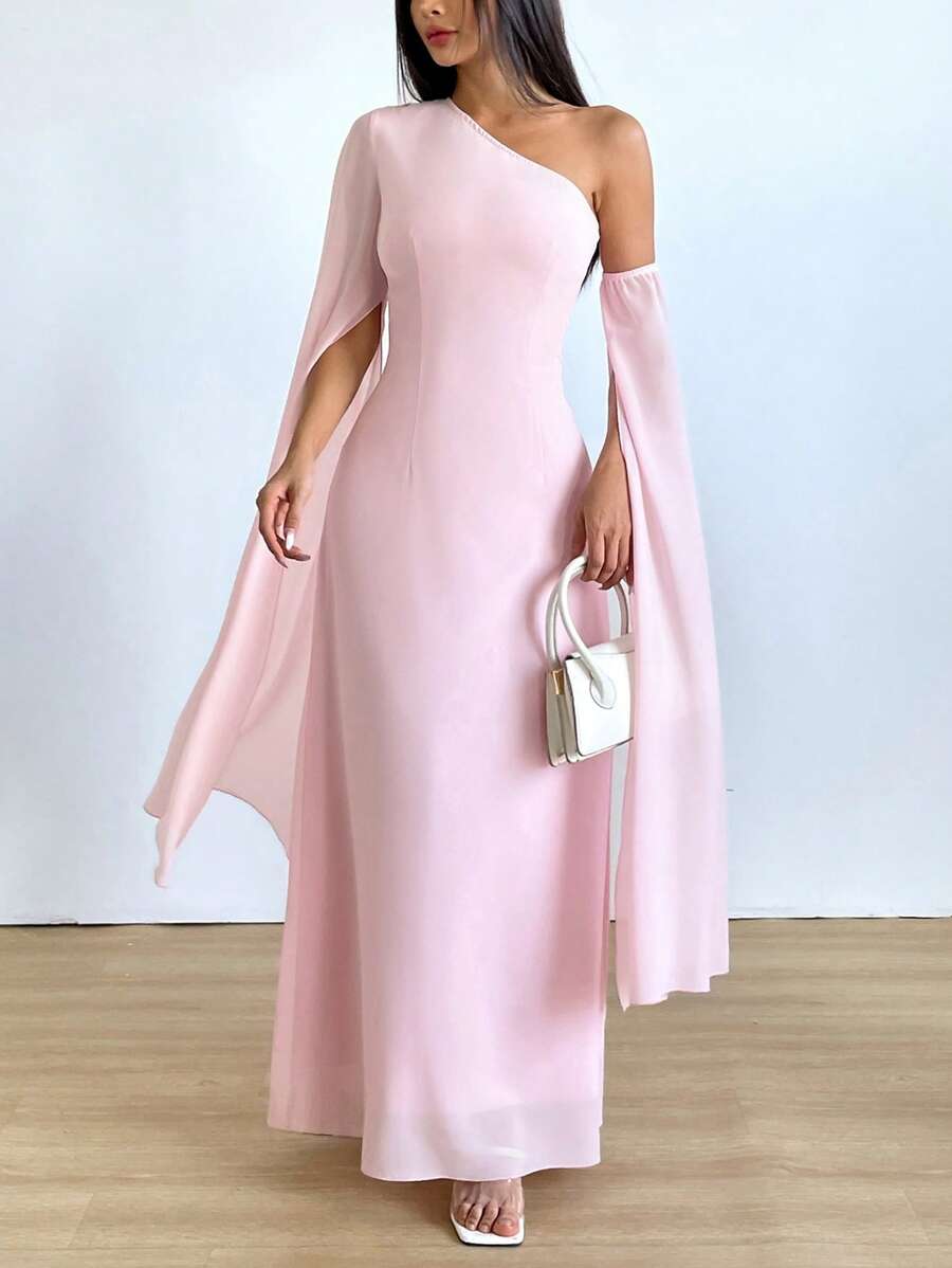 Chiquease 女士优雅不对称肩长袖收腰 A 字淡粉色连衣裙，纯色，春夏 - 粉色 - 查看 1