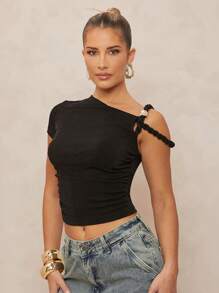 Lumalex Spring Old Money Outing Summer Swimsuit Swimwear Swim Vacation Easter Bohemian BOHO Sea Beach Hot Outdoor Richly Layered Wedding Season Banquet Coming Of Age Ceremony Beach Seaside 1pc Women Asymmetric Twist Collar Metal Decor Bodycon Top,Graduation,Teacher Outfits For Women,Back To School - Black - View 3