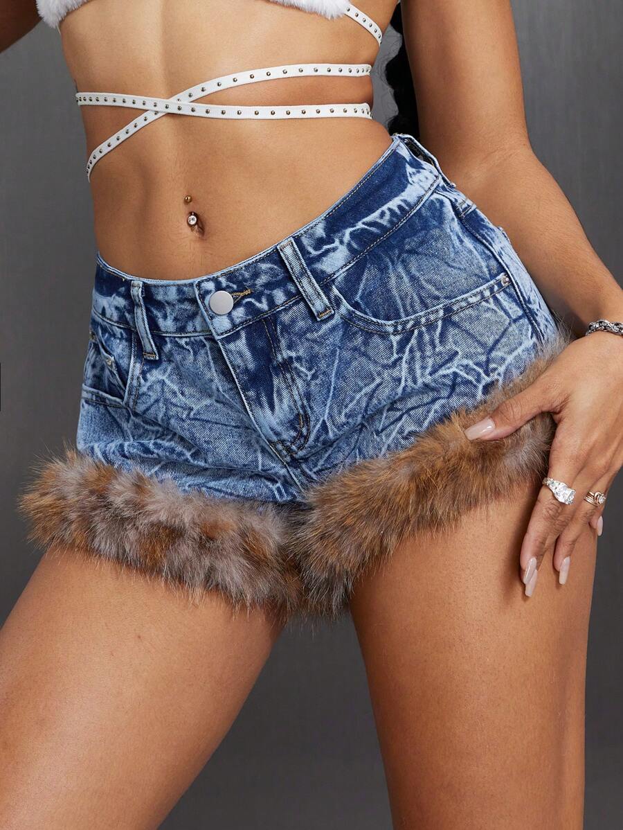 SHEIN ICON Street Style Frayed Hem Super Short Women Denim Shorts - Medium Wash - View 1