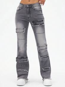 SHEIN ICON Women's Multiple Pocket Washed Low-Waist Flare Jeans - Grey - View 5