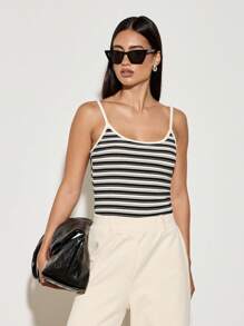 AiiRZ 条纹吊带背心罗纹背心夏季无袖基本款细肩带休闲修身必备分层弹力上衣 - 彩色 - 查看 1