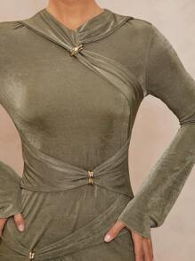 Lumalex فستان نسائي ضيق، رقبة طواقم، مزين بالمعدن، أكمام واسعة مجعدة