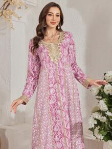 Al Najma 女士方领图案传统优雅土耳其长裙和阿拉伯传统长袍 - 粉色 - 查看 3