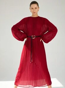 SHEIN Privé Elegant European Style Chiffon Long Sleeve Pleated Dress For Women Fall Cloth For Women - Burgundy - View 5