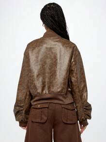 SUMWON WOMEN 优质做旧皮革飞行员夹克，配有实用口袋、经典罗纹饰边和全拉链街头风格外套，适合秋冬时尚 - 棕色 - 查看 2