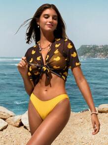 Swim Mod Women's Solid Halter Bikini Swimwear Set With Tie Front Cover Up Top, Minimalist Fashion Casual Daily Wear, For Summer Beach Vacation, Couple Matching