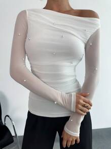 Firerie Áo thun dài tay họa tiết ngọc trai bất đối xứng thanh lịch dành cho nữ, Thu/Đông - trắng - Xem 3