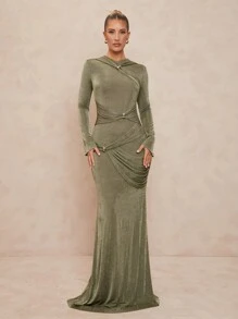 Lumalex فستان نسائي ضيق، رقبة طواقم، مزين بالمعدن، أكمام واسعة مجعدة