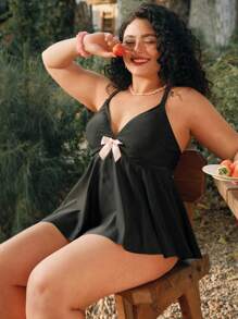 Swim Mod Plus Size Women 2pcs Cute Bow Embellished Spaghetti Strap Top And Bottom Tankini Set, For Summer Beach Vacation - Multicolor - View 3