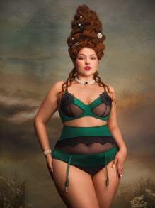 3pcs Plus Size Vintage Charming Sexy Contrast Splicing Lace Lingerie Set - Green - View 6
