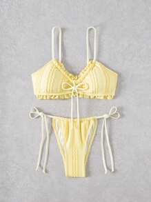 Swim Mod 女士浪漫度假可爱褶皱亮黄色罗纹面料比基尼泳装套装，适合夏季海滩 - 黃色 - 查看 3