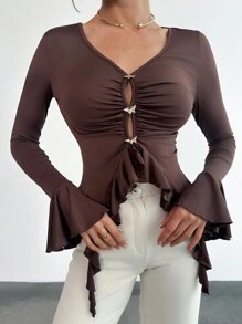 SHEIN Privé Women's Elegant Vintage Butterfly Ruffle Trim Long Sleeve Top Tee - Mocha Brown - View 5
