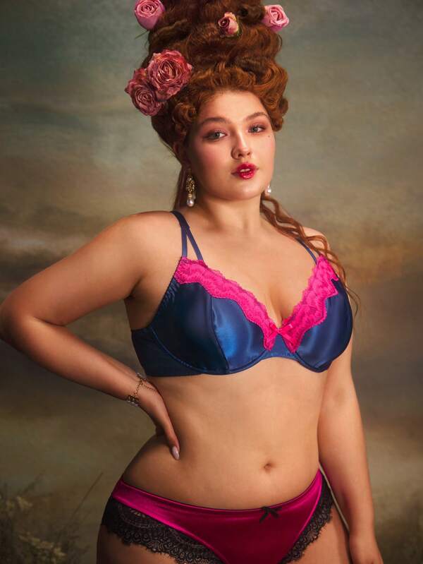 PinupGlam Lace, Pongee, Splice, Contrast Color, Retro, Palace Style, Underwired, Push Up, Plus Size Bralette & Wireless Bra