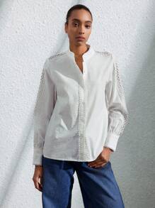 SHEIN Privé Chemise lin manche longue col montant avec volant effet patchwork floral 3D style villégiature