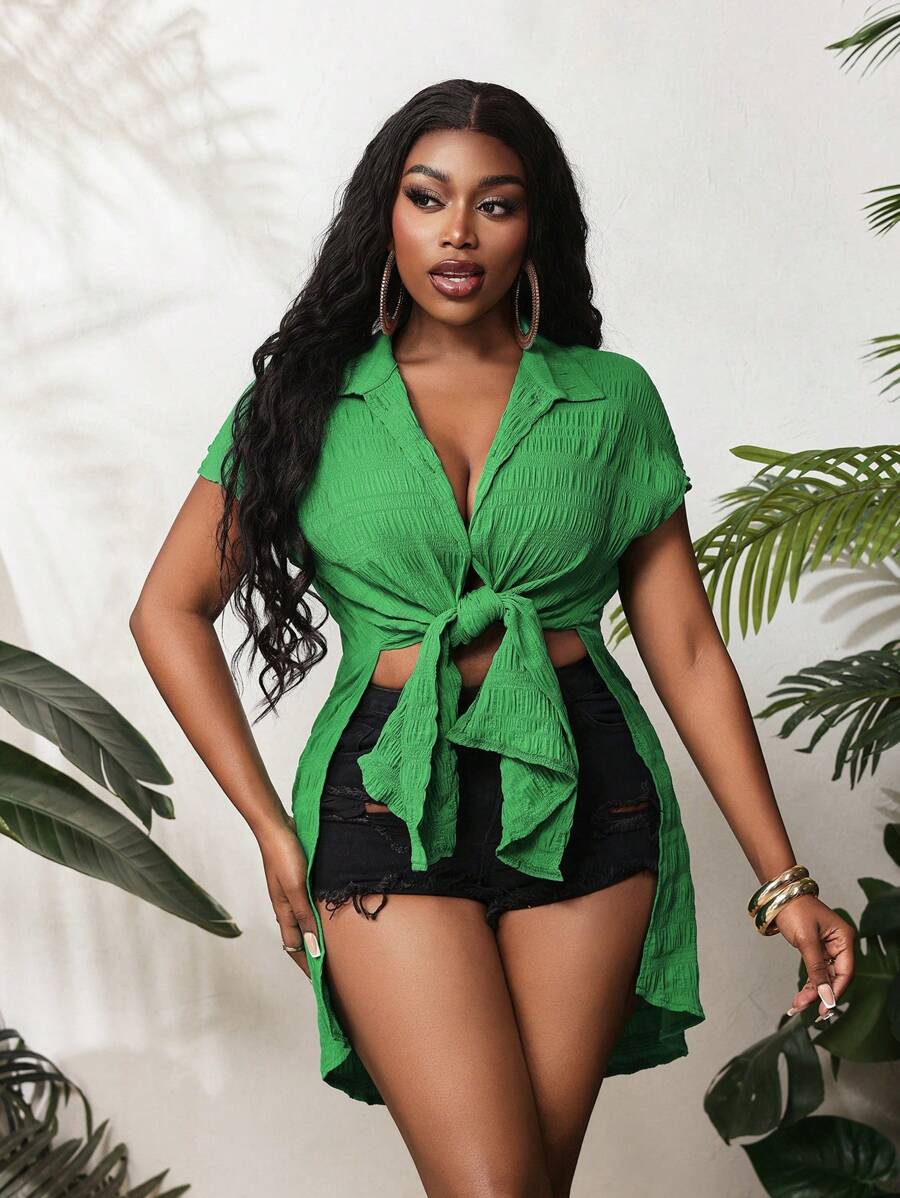 BamGleam 休闲纯色开衩下摆系带衬衫 - 綠色 - 查看 1