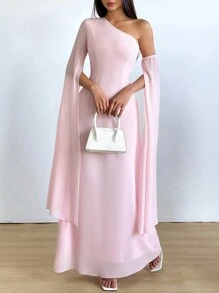 Chiquease 女士优雅不对称肩长袖收腰 A 字淡粉色连衣裙，纯色，春夏 - 粉色 - 查看 6