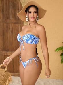 SHEIN Swim 女士花卉印花掛脖比基尼套裝 - 藍白色 - 查看 6