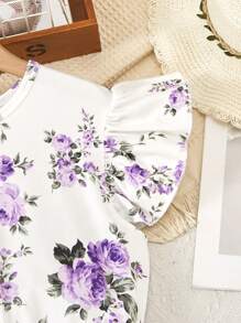 Teen Girl Floral Print Ruffle Hem Mesh Splice Dress - Purple - View 5