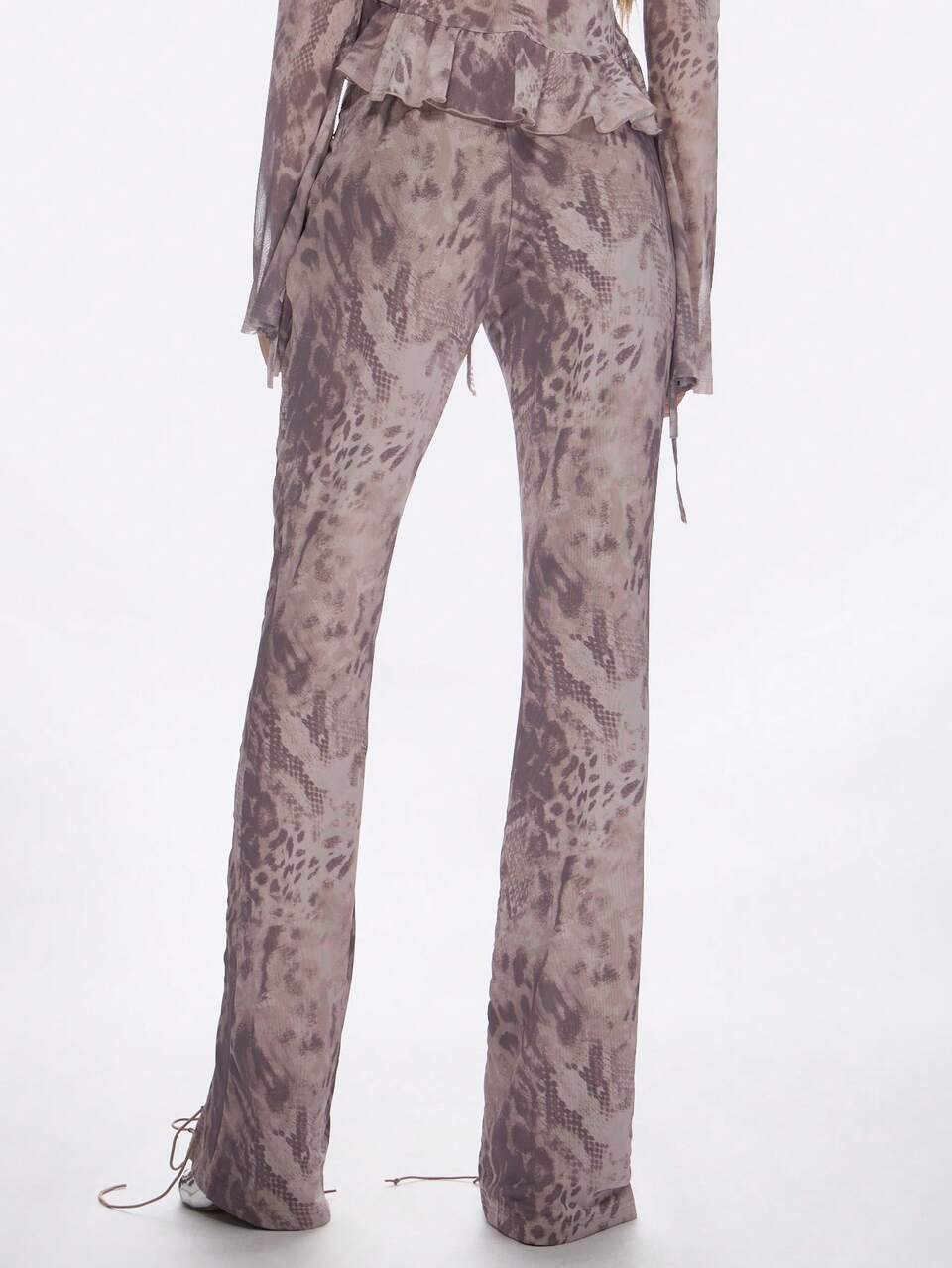 MISSGUIDED Y2K Style Printed Mesh Tie-Up Bell Bottom Festival Pants Evening Party Dance Club Flare Trousers Lace-Up Side Detail Statement Bottoms